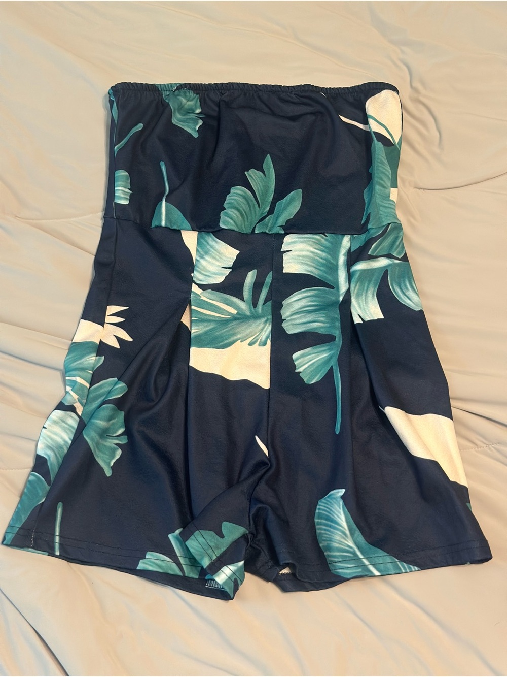 Ecowish Navy Strapless Tropical-Print Shorts Romper